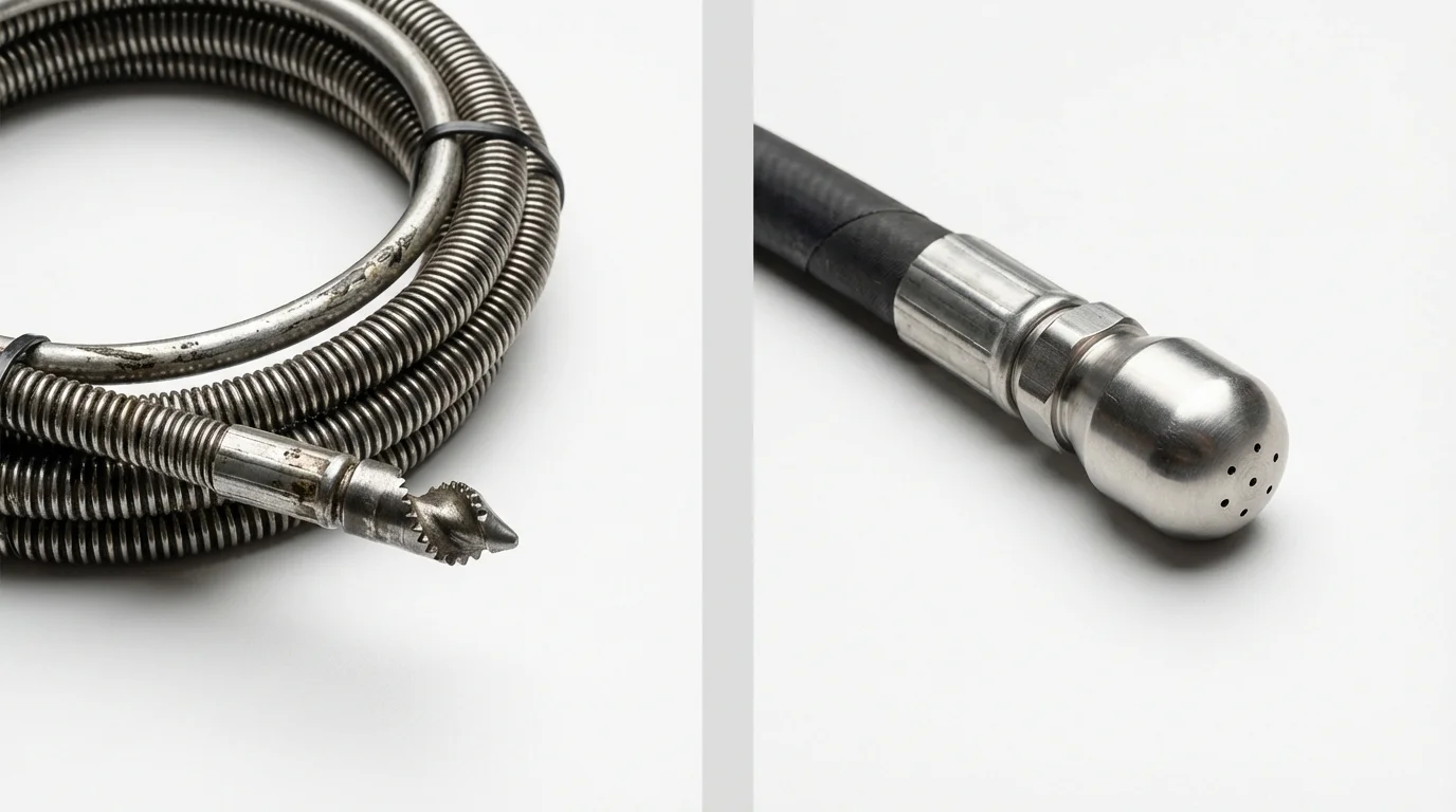 Drain snake cable and hydro jetting nozzle used for drain cleaning in Westfield, IN