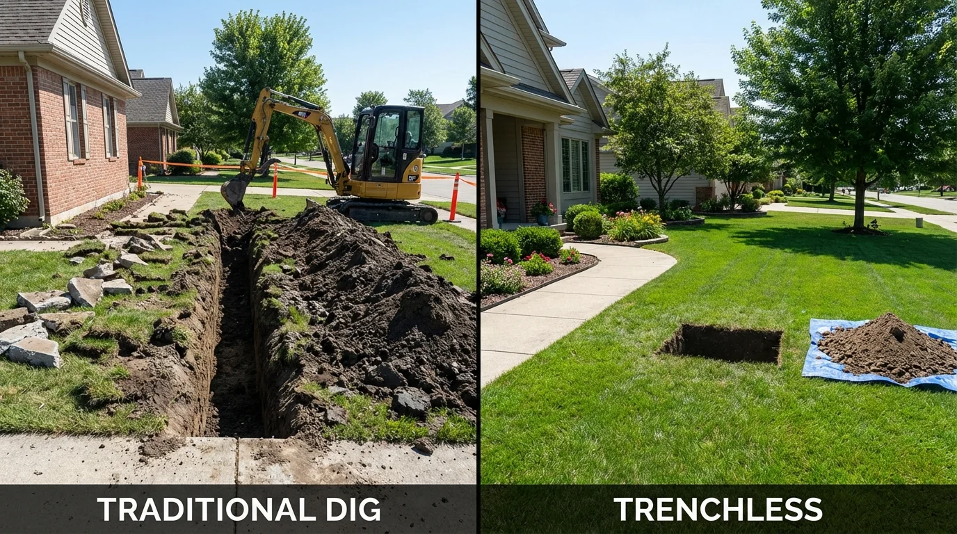 Trenchless sewer repair with minimal yard damage versus traditional excavation in Westfield, IN